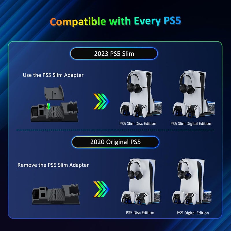 NEXIGO PS5 Silent Cooling Stand for Both PS5 and New PS5 Slim Consoles, RGB LED Light, Dual Charging Station, Compatible with Dual_Sense Edge Controller, Hard Drive, Headset and Remote Holder, Black - Image 5